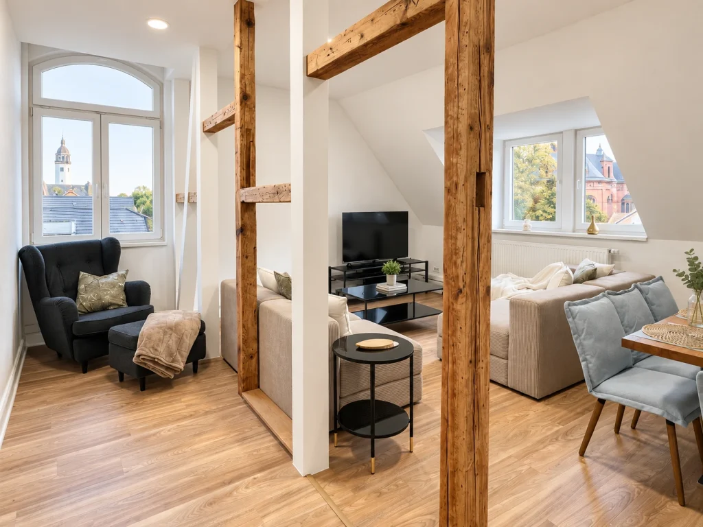 Gemeinsames Wohnzimmer in Frankfurt-Höchst mit sichtbaren Holzbalken